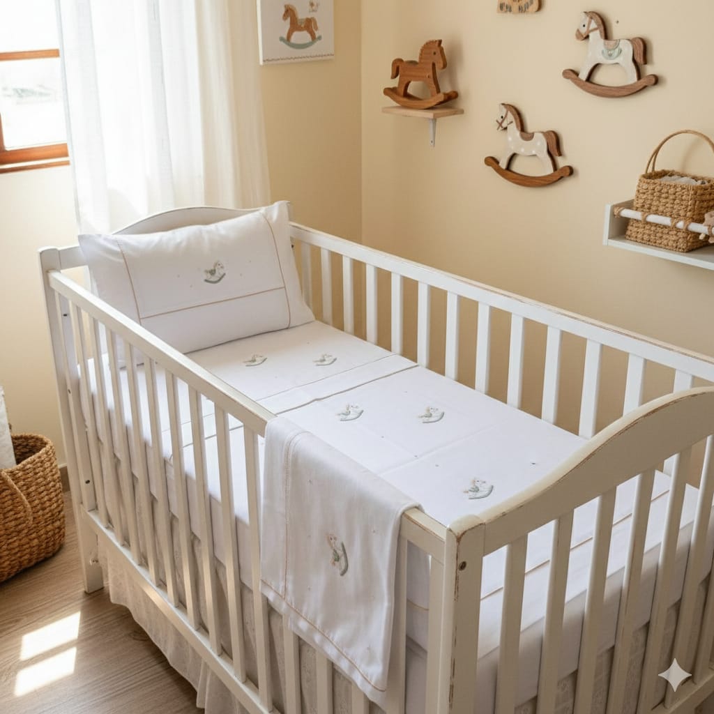 Jogo de berço bordado á mão cavalinho de balanço bege e verde - 3 peças   