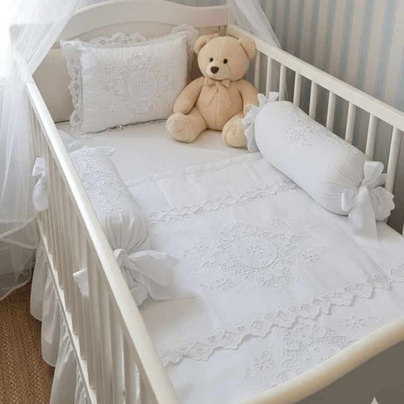 Jogo lençol de berço rechilieu bordado branco - 4 peças