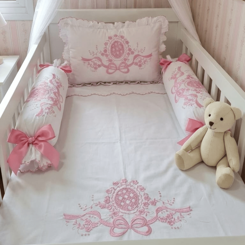 Jogo lençol de berço rechilieu bordado rosa - 4 peças