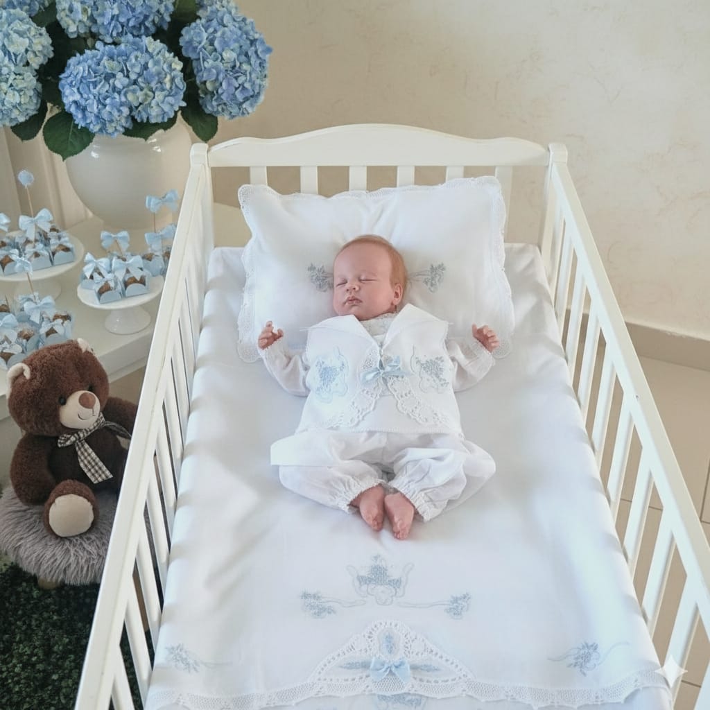 KIT MATERNIDADE LUXO  EM RENDA RENASCENÇA BRANCA  BORDADO AZUL ( CONJUNTO PAGÃO + JOGO DE BERÇO )