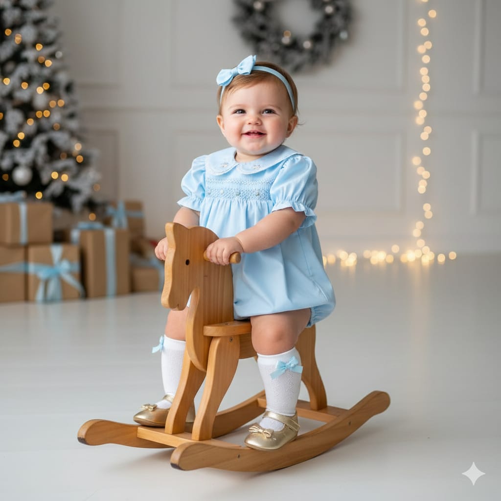 Romper bebê  - Pimpão azul  em casinha de abelha ponto scmock e bordado á mão rococó - 09 MESES 