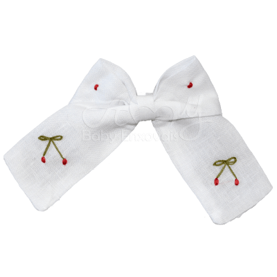 Laço bico de pato em linho branco bordado cerejinha - M e G