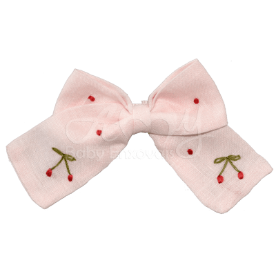 Laço bico de pato em linho rosa bordado cerejinha - M e G  