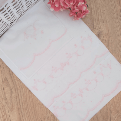 Lençol berço  bordado floral rosa - 3 peças   