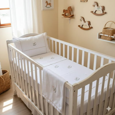 Jogo de berço bordado á mão cavalinho de balanço bege e verde - 3 peças Jogo de berço bordado á mão cavalinho de balanço bege e verde - 3 peças