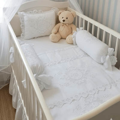 Jogo lençol de berço rechilieu bordado branco - 4 peças     