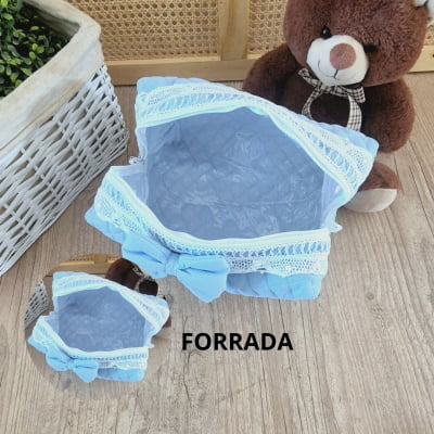 KIT PRESENTE NECESSAIRE MATERNIDADE AZUL EM RENDA RENASCENÇA  BRANCA - 3 PEÇAS 