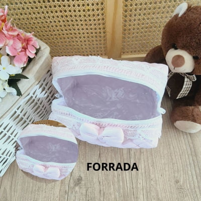 KIT PRESENTE NECESSAIRE MATERNIDADE ROSA EM RENDA RENASCENÇA  BRANCA - 3 PEÇAS