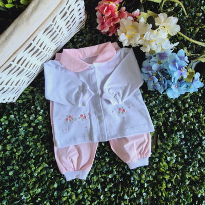 Pijama infantil bordado á mão mini pérola rosinha  poá  