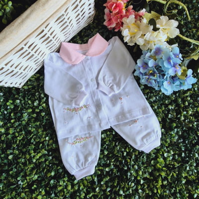 Pijama infantil bordado á mão rosinhas
