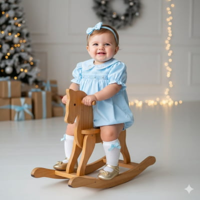 Romper bebê  - Pimpão azul  em casinha de abelha ponto scmock e bordado á mão rococó - 09 MESES 