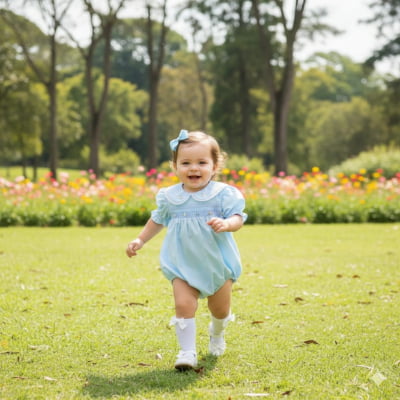 Romper bebê  - Pimpão azul  em casinha de abelha ponto scmock e bordado á mão rococó - 09 MESES 