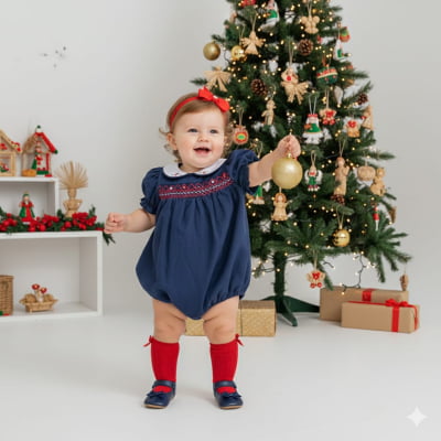 Romper bebê  - Pimpão azul marinho em casinha de abelha ponto scmock e bordado rococó - 1 ano 