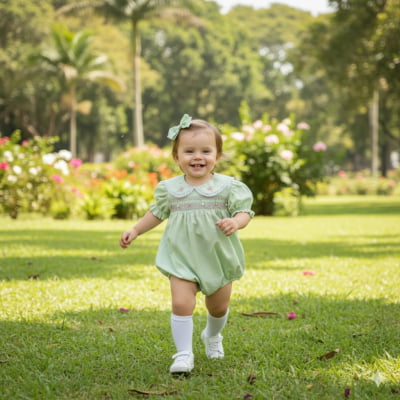 Romper bebê  - Pimpão verde  em casinha de abelha ponto scmock e bordado á mão rococó - 09 MESES  - Cópia (1)
