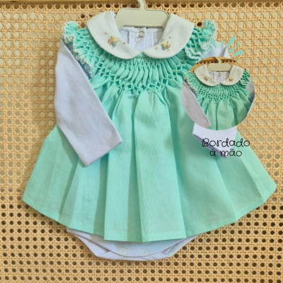 Saída de maternidade casinha de abelha verde ( Vestido + Body )  