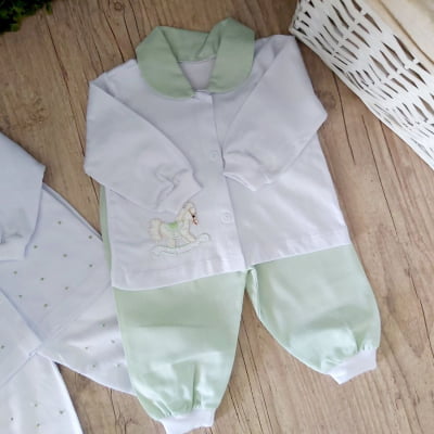kit Pijama infantil  poá e bordado cavalinho verde