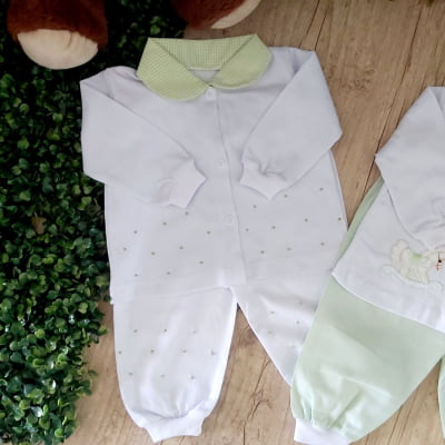 kit Pijama infantil  poá e bordado cavalinho verde