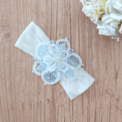 Faixa meia de seda dupla flor renascença azul e branca 