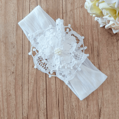 Faixa meia de seda dupla flor renascença branca  