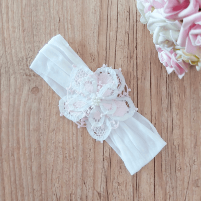 Faixa meia de seda dupla flor renascença rosa e branca 
