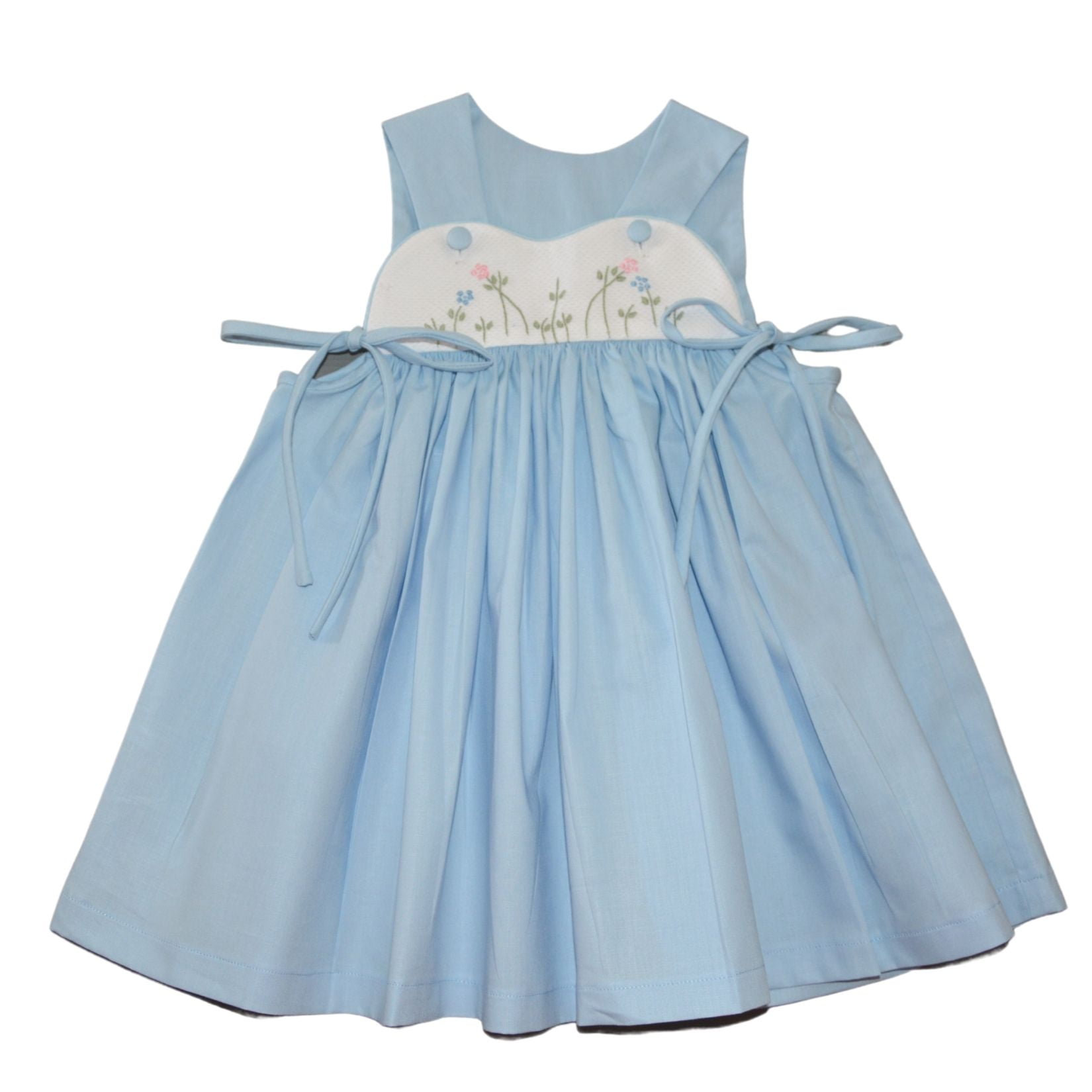 Vestido Infantil lacinho azul com bordado florzinha - 09 meses; 1 ano e 2 anos.
