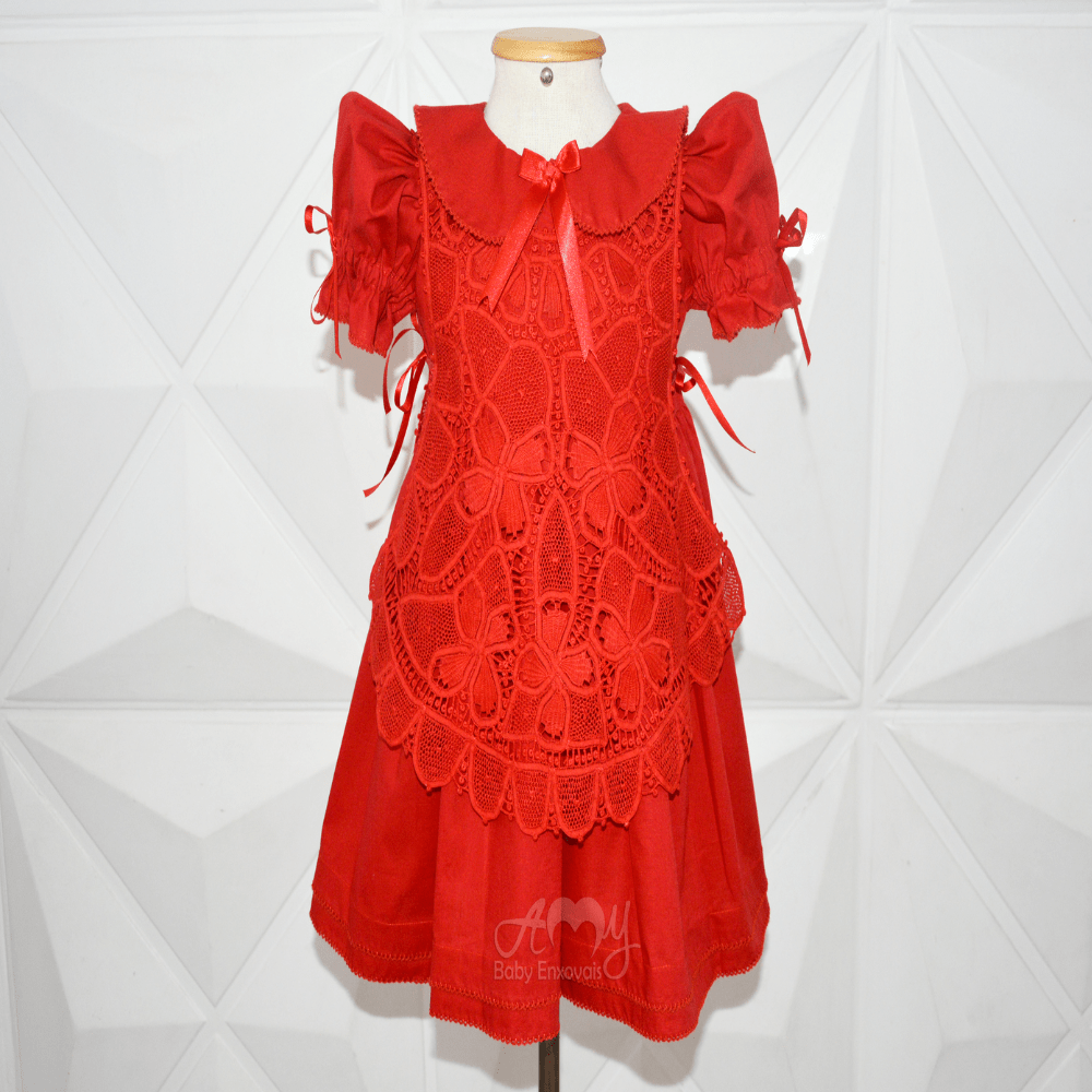 Vestido avental renda renascença vermelho - 1 ano